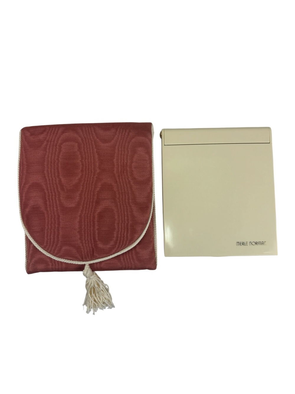 Vintage Merle Norman Folding Travel Mirror Set Dual Sided with Tassel Pouch